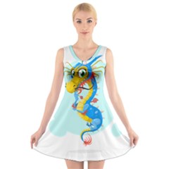 Dragon Chinese Blue Mustache China V-neck Sleeveless Dress by Wegoenart