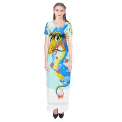 Dragon Chinese Blue Mustache China Short Sleeve Maxi Dress by Wegoenart