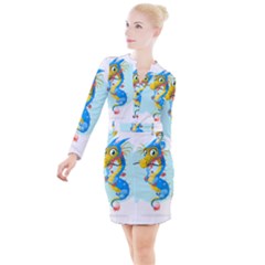 Dragon Chinese Blue Mustache China Button Long Sleeve Dress by Wegoenart