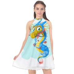 Dragon Chinese Blue Mustache China Halter Neckline Chiffon Dress  by Wegoenart