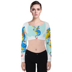 Dragon Chinese Blue Mustache China Velvet Long Sleeve Crop Top