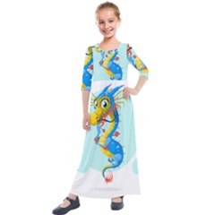 Dragon Chinese Blue Mustache China Kids  Quarter Sleeve Maxi Dress by Wegoenart