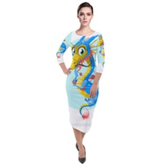 Dragon Chinese Blue Mustache China Quarter Sleeve Midi Velour Bodycon Dress