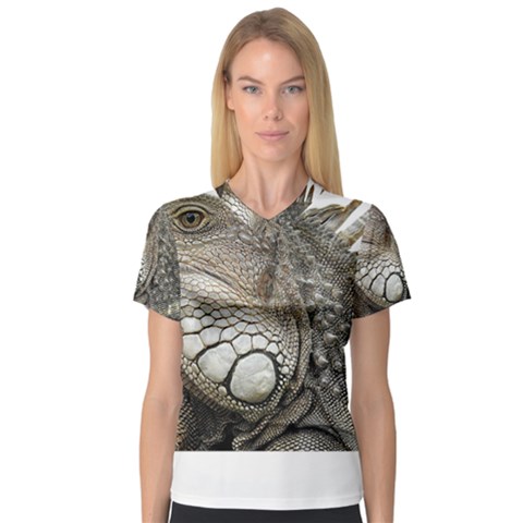 Iguana Portrait Profile Close Up V-neck Sport Mesh Tee by Wegoenart