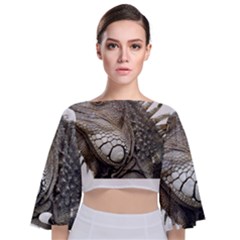 Iguana Portrait Profile Close Up Tie Back Butterfly Sleeve Chiffon Top