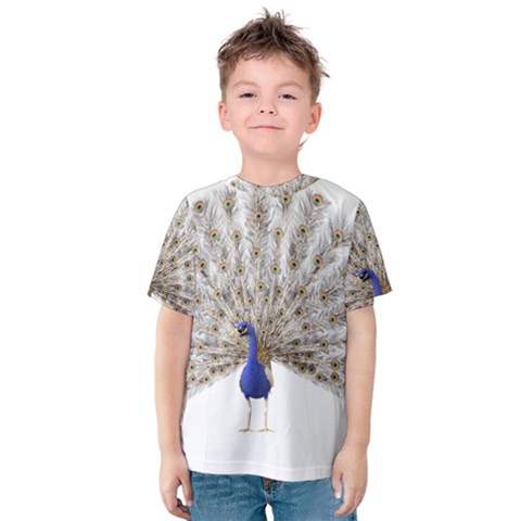 Peacock Colorful Bird Feather Blue Kids  Cotton Tee by Wegoenart