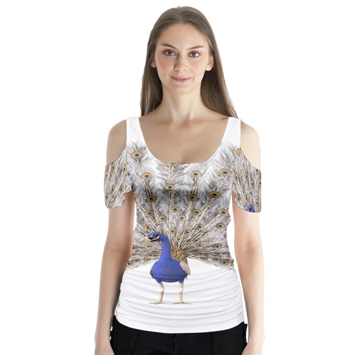 Peacock Colorful Bird Feather Blue Butterfly Sleeve Cutout Tee 