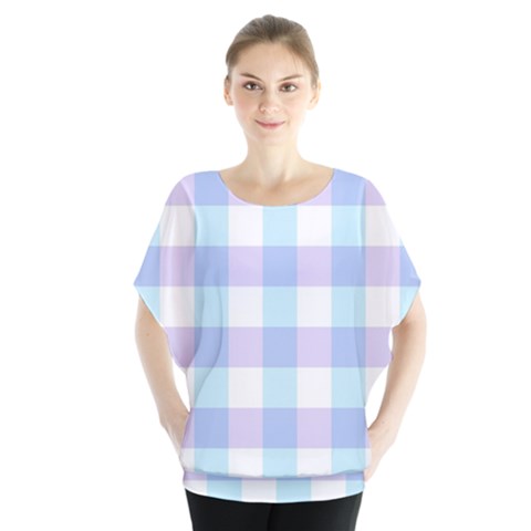 Gingham Duo Aqua On Lavender Batwing Chiffon Blouse by retrotoomoderndesigns