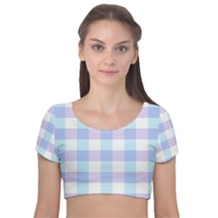 Gingham Duo Aqua On Lavender Velvet Short Sleeve Crop Top 