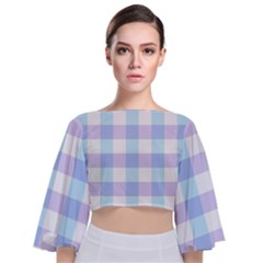 Gingham Duo Aqua On Lavender Tie Back Butterfly Sleeve Chiffon Top