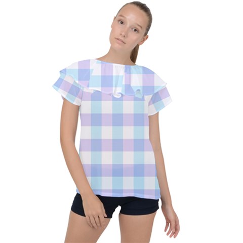 Gingham Duo Aqua On Lavender Ruffle Collar Chiffon Blouse by retrotoomoderndesigns