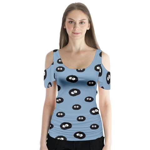 Totoro - Soot Sprites Pattern Butterfly Sleeve Cutout Tee  by Valentinaart