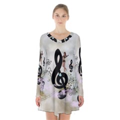 Dancing On A Clef Long Sleeve Velvet V-neck Dress by FantasyWorld7