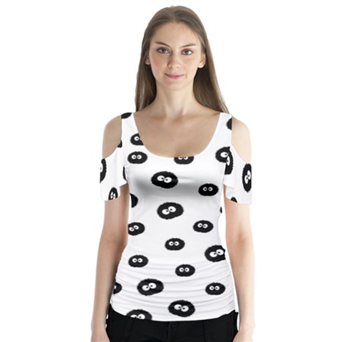 Totoro - Soot Sprites Pattern Butterfly Sleeve Cutout Tee  by Valentinaart