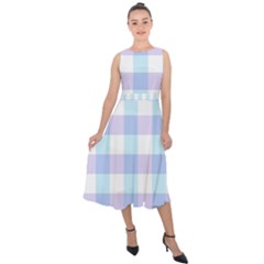 Gingham Duo Aqua On Lavender Midi Tie-back Chiffon Dress