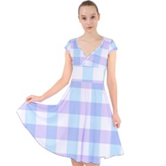 Gingham Duo Aqua On Lavender Cap Sleeve Front Wrap Midi Dress by retrotoomoderndesigns