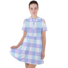 Gingham Duo Aqua On Lavender Short Sleeve Shoulder Cut Out Dress  by retrotoomoderndesigns