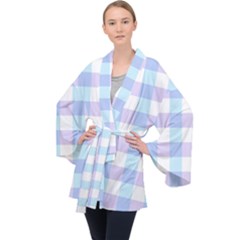 Gingham Duo Aqua On Lavender Velvet Kimono Robe by retrotoomoderndesigns