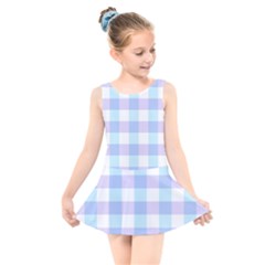 Gingham Duo Aqua On Lavender Kids  Skater Dress Swimsuit