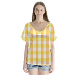 Gingham Duo Orange On Yellow V-neck Flutter Sleeve Top by retrotoomoderndesigns