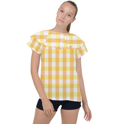 Gingham Duo Orange On Yellow Ruffle Collar Chiffon Blouse by retrotoomoderndesigns