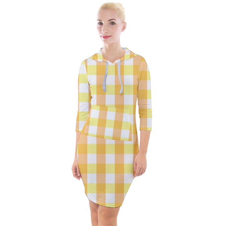 Gingham Duo Orange On Yellow Quarter Sleeve Hood Bodycon Dress