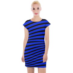 Black And Blue Linear Abstract Print Cap Sleeve Bodycon Dress