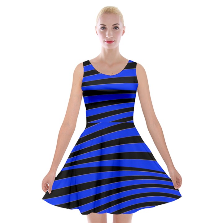 Black And Blue Linear Abstract Print Velvet Skater Dress