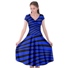 Black And Blue Linear Abstract Print Cap Sleeve Wrap Front Dress