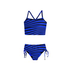 Black And Blue Linear Abstract Print Girls  Tankini Swimsuit