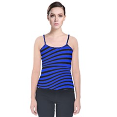 Black And Blue Linear Abstract Print Velvet Spaghetti Strap Top