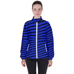 Black And Blue Linear Abstract Print High Neck Windbreaker (women) by dflcprintsclothing