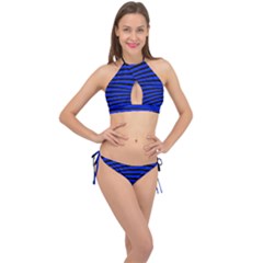 Black And Blue Linear Abstract Print Cross Front Halter Bikini Set