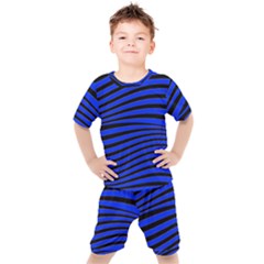 Black And Blue Linear Abstract Print Kids  Tee And Shorts Set