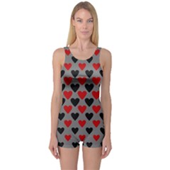 Red & Black Hearts - Grey One Piece Boyleg Swimsuit by WensdaiAmbrose