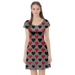 Red & Black Hearts - Grey Short Sleeve Skater Dress by WensdaiAmbrose