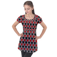 Red & Black Hearts - Grey Puff Sleeve Tunic Top by WensdaiAmbrose