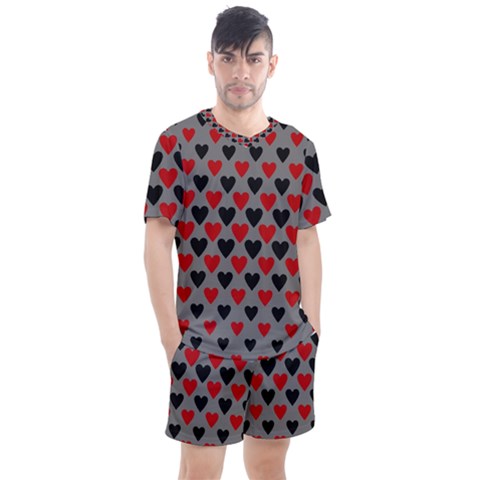 Red & Black Hearts - Grey Men s Mesh Tee And Shorts Set by WensdaiAmbrose