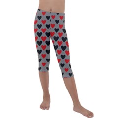 Red & Black Hearts - Grey Kids  Lightweight Velour Capri Leggings  by WensdaiAmbrose