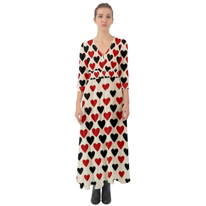 Red & Black Hearts - Eggshell Button Up Boho Maxi Dress