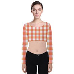 Gingham Duo Red On Orange Velvet Long Sleeve Crop Top