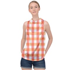 Gingham Duo Red On Orange High Neck Satin Top