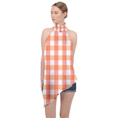 Gingham Duo Red On Orange Halter Asymmetric Satin Top