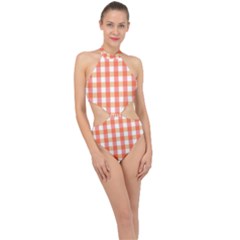 Gingham Duo Red On Orange Halter Side Cut Swimsuit