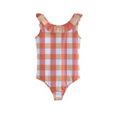 Gingham Duo Red On Orange Kids  Frill Swimsuit