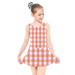 Gingham Duo Red On Orange Kids  Skater Dress Swimsuit by retrotoomoderndesigns