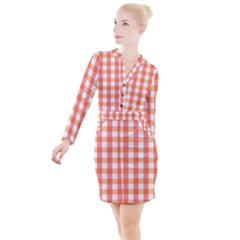 Gingham Duo Red On Orange Button Long Sleeve Dress