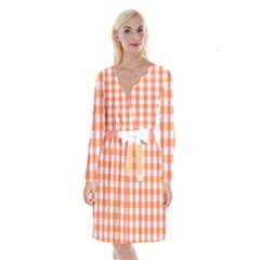 Gingham Duo Red On Orange Long Sleeve Velvet Front Wrap Dress by retrotoomoderndesigns