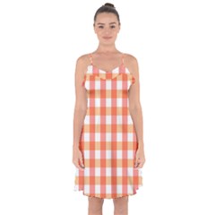 Gingham Duo Red On Orange Ruffle Detail Chiffon Dress by retrotoomoderndesigns