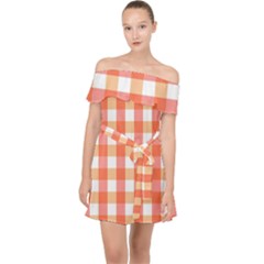 Gingham Duo Red On Orange Off Shoulder Chiffon Dress by retrotoomoderndesigns